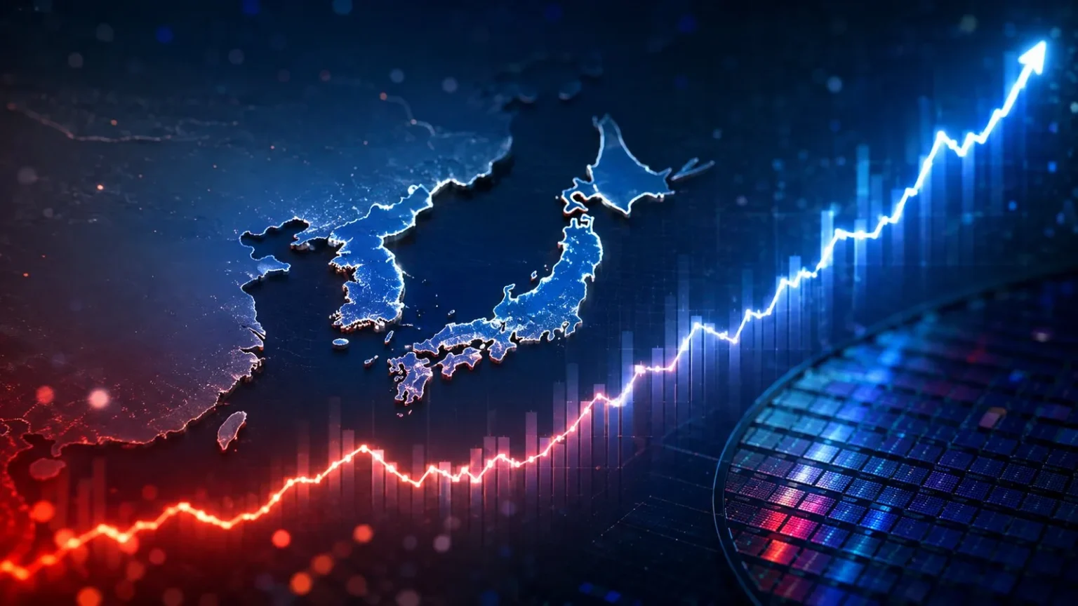 Asya borsaları yükselişini simgeleyen KOSPI, Nikkei ve yarı iletken temalı görsel