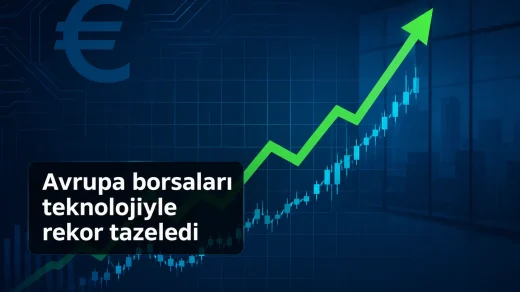 Teknoloji hisseleri ve bilançoların desteğiyle yükselen Avrupa borsalarını gösteren finans illüstrasyonu