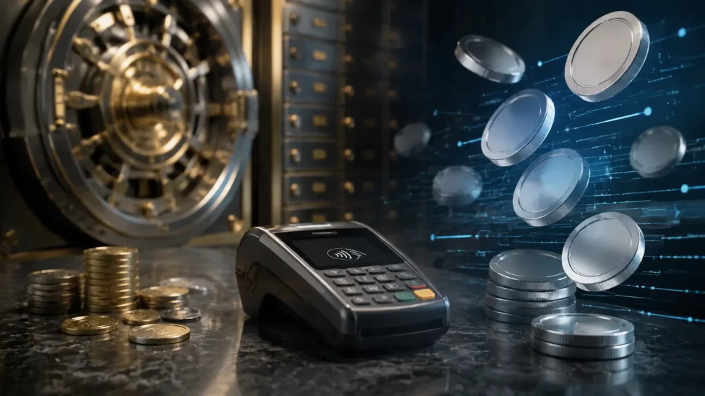 Banka kasasındaki madeni paralar ile temassız ödeme cihazının yan yana bulunduğu modern finans kompozisyonu