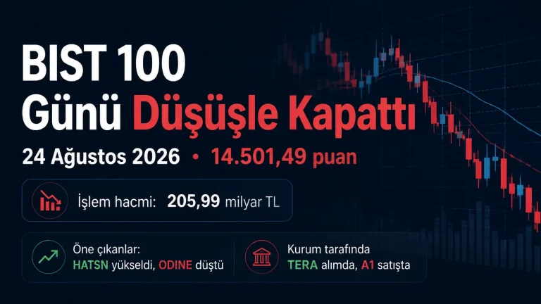 BIST 100 endeksinin 24 Ağustos 2026 gününü düşüşle kapattığını anlatan borsa görseli