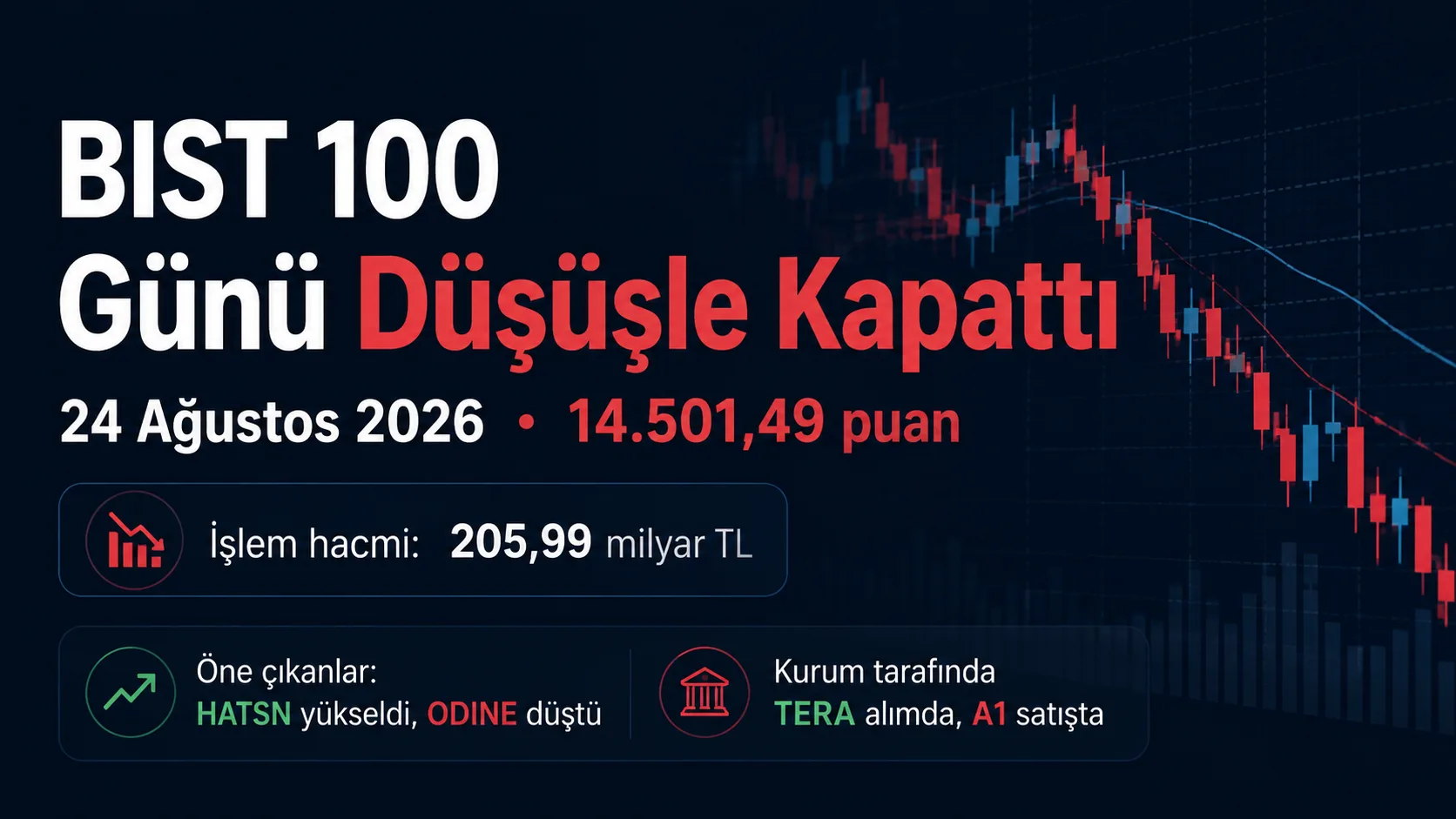 BIST 100 endeksinin 24 Ağustos 2026 gününü düşüşle kapattığını anlatan borsa görseli