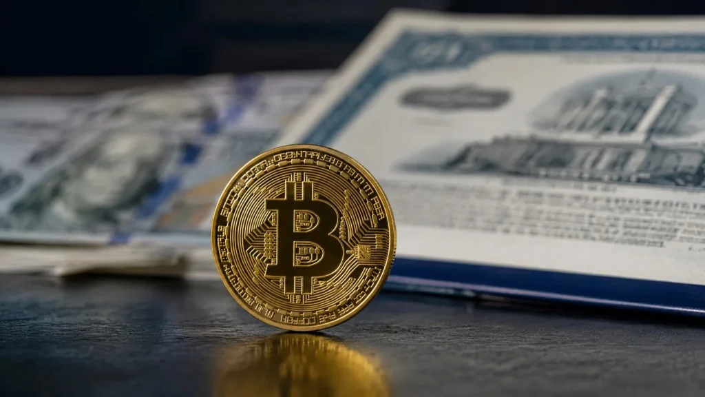 Dolar banknotları ve tahvil belgesi önünde duran altın renkli Bitcoin simgesi
