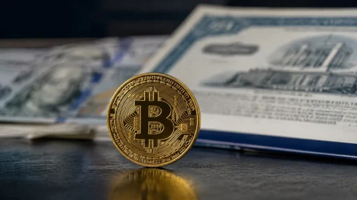 Dolar banknotları ve tahvil belgesi önünde duran altın renkli Bitcoin simgesi