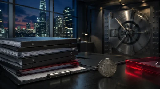 Kurumsal fon dosyaları, dijital varlık simgeli metal para ve banka kasası