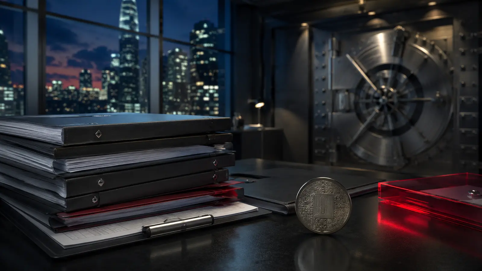 Kurumsal fon dosyaları, dijital varlık simgeli metal para ve banka kasası