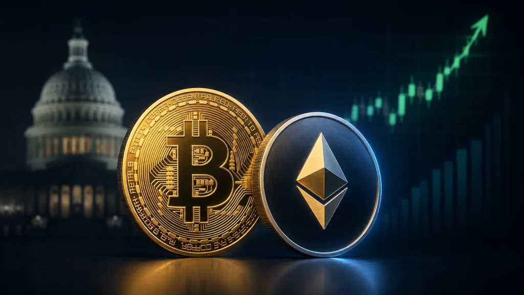 Bitcoin ve Ethereum simgeleriyle yükselen kripto piyasası