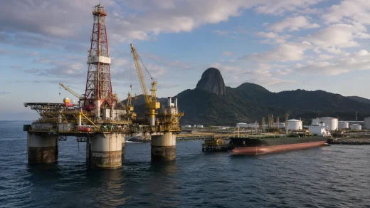 Brezilya kıyısındaki açık deniz petrol platformu ve ham petrol sevkiyat terminali