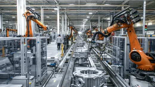 Çin'de büyük bir fabrikada çalışan otomasyonlu üretim hattı