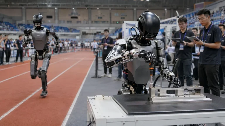 Pekin’deki robot oyunlarında pistte koşan ve hassas montaj görevi yapan humanoid robotlar