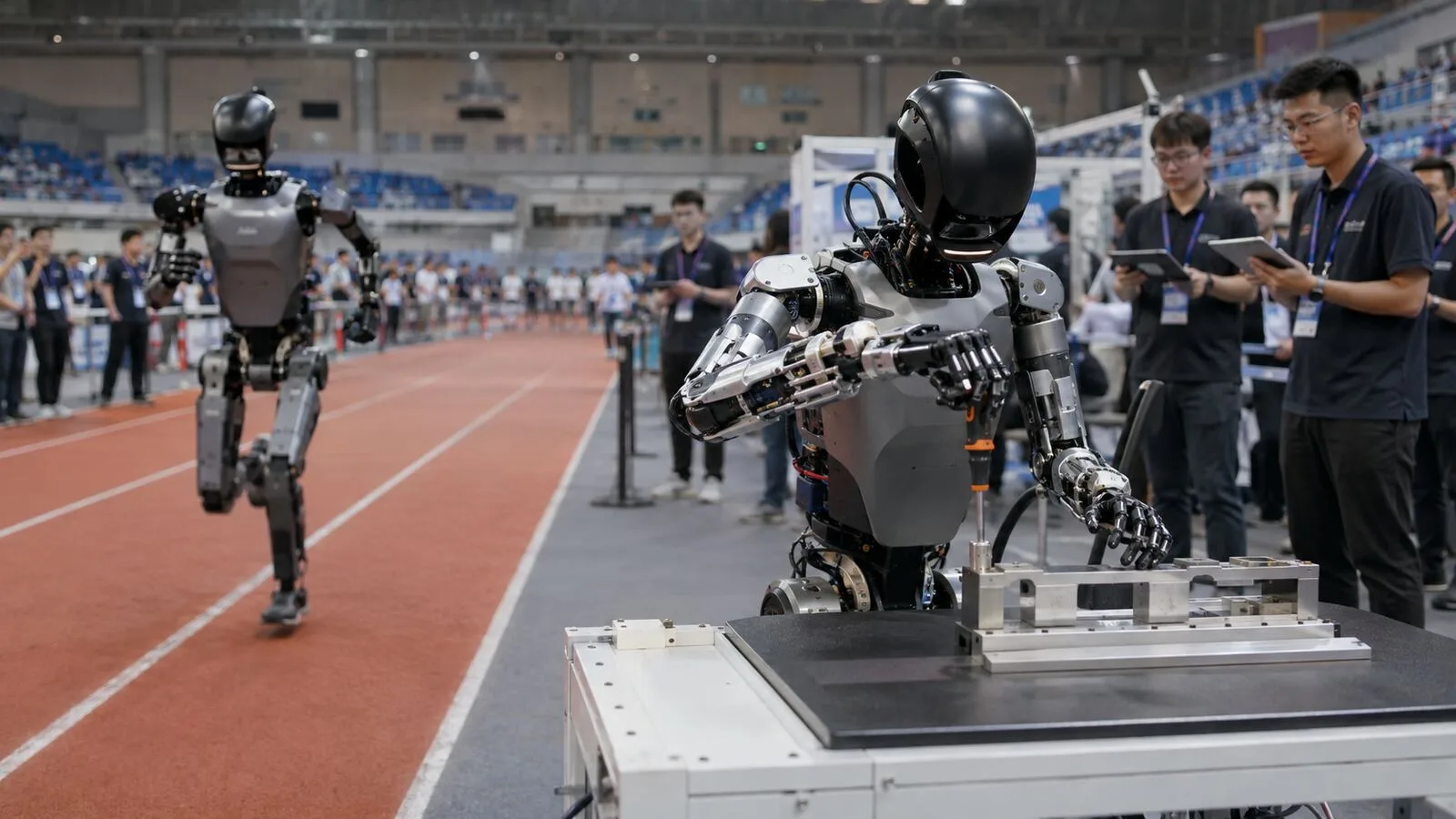 Pekin’deki robot oyunlarında pistte koşan ve hassas montaj görevi yapan humanoid robotlar