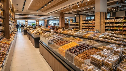Geniş bir kuruyemiş mağazasında açık ürün tezgâhları, paketli ürün rafları ve uzaktaki müşteriler