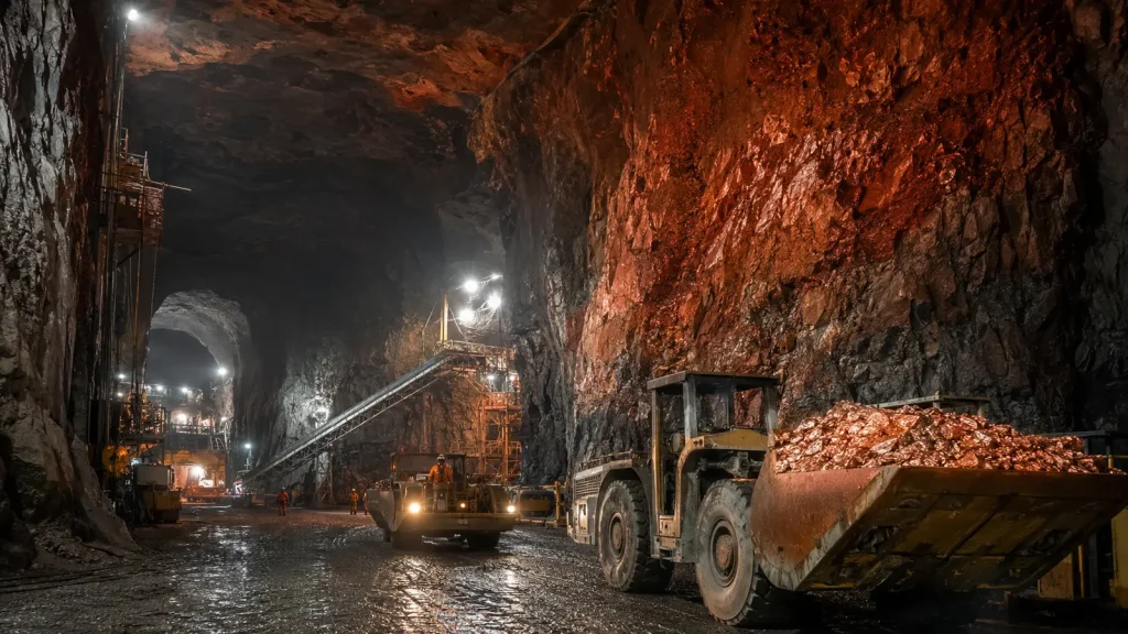 Şili’deki büyük bir yer altı bakır madeninde çalışan iş makineleri ve aydınlatılmış tünel