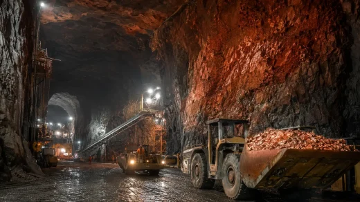 Şili’deki büyük bir yer altı bakır madeninde çalışan iş makineleri ve aydınlatılmış tünel