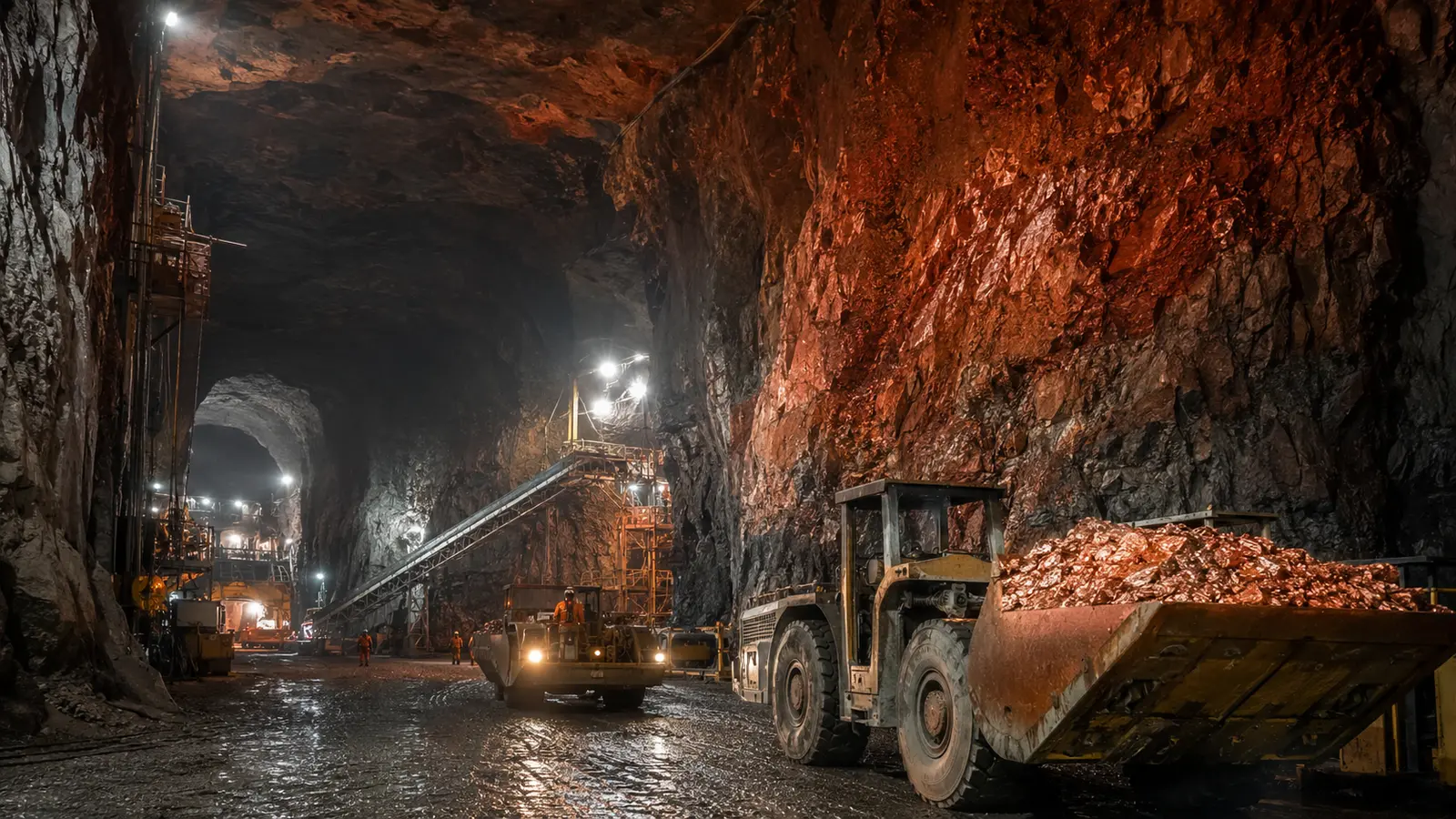 Şili’deki büyük bir yer altı bakır madeninde çalışan iş makineleri ve aydınlatılmış tünel