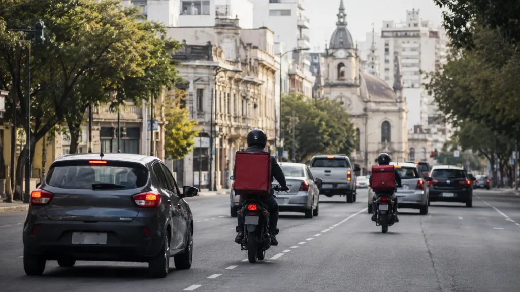 Arjantin'de şehir içi ulaşımda kullanılan otomobiller ve motosikletli kuryeler