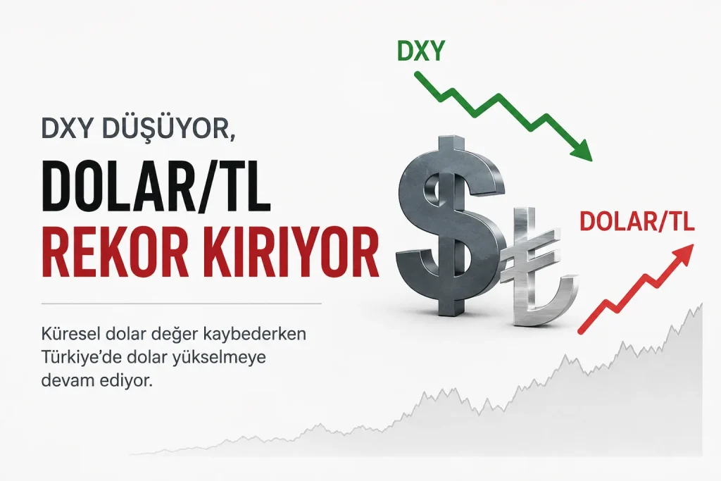 DXY düşerken Dolar/TL kurunun rekor seviyelere yükselmesini gösteren finans görseli