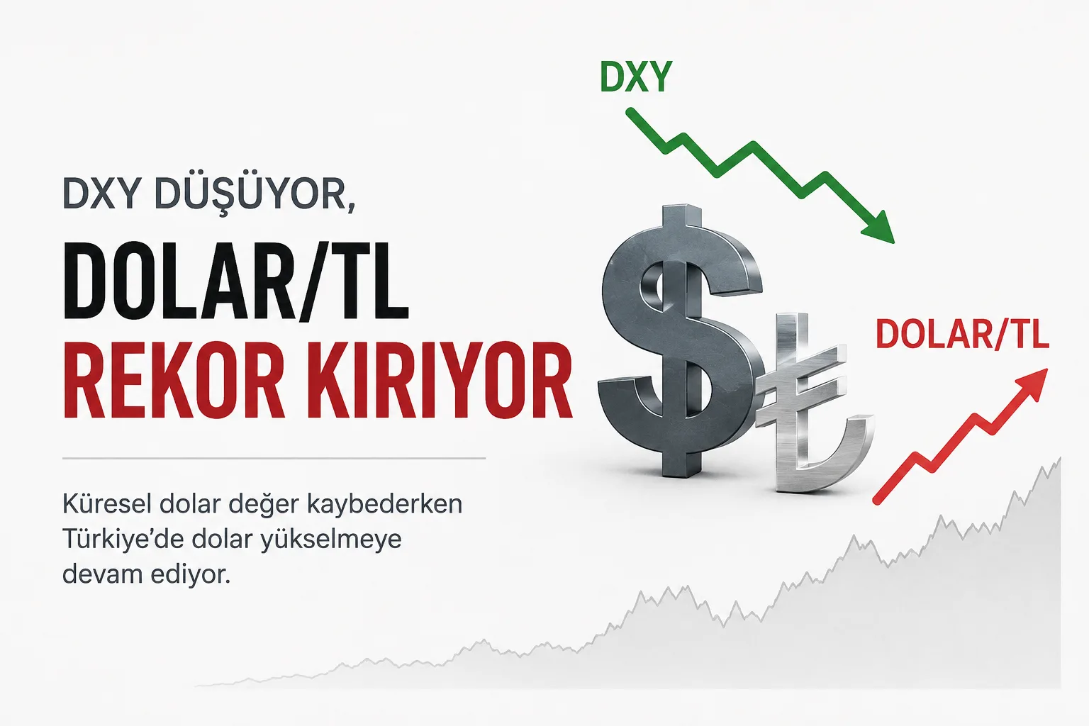 DXY düşerken Dolar/TL kurunun rekor seviyelere yükselmesini gösteren finans görseli