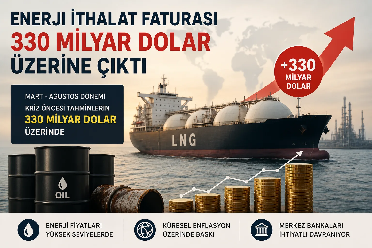 LNG tankeri, petrol varilleri ve yükselen enerji ithalat maliyetlerini gösteren temsili görsel