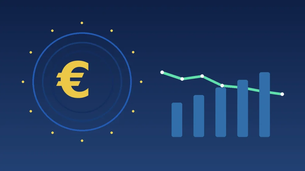Euro Bölgesi enflasyon beklentilerindeki gerilemeyi temsil eden euro ve düşen enflasyon grafiği