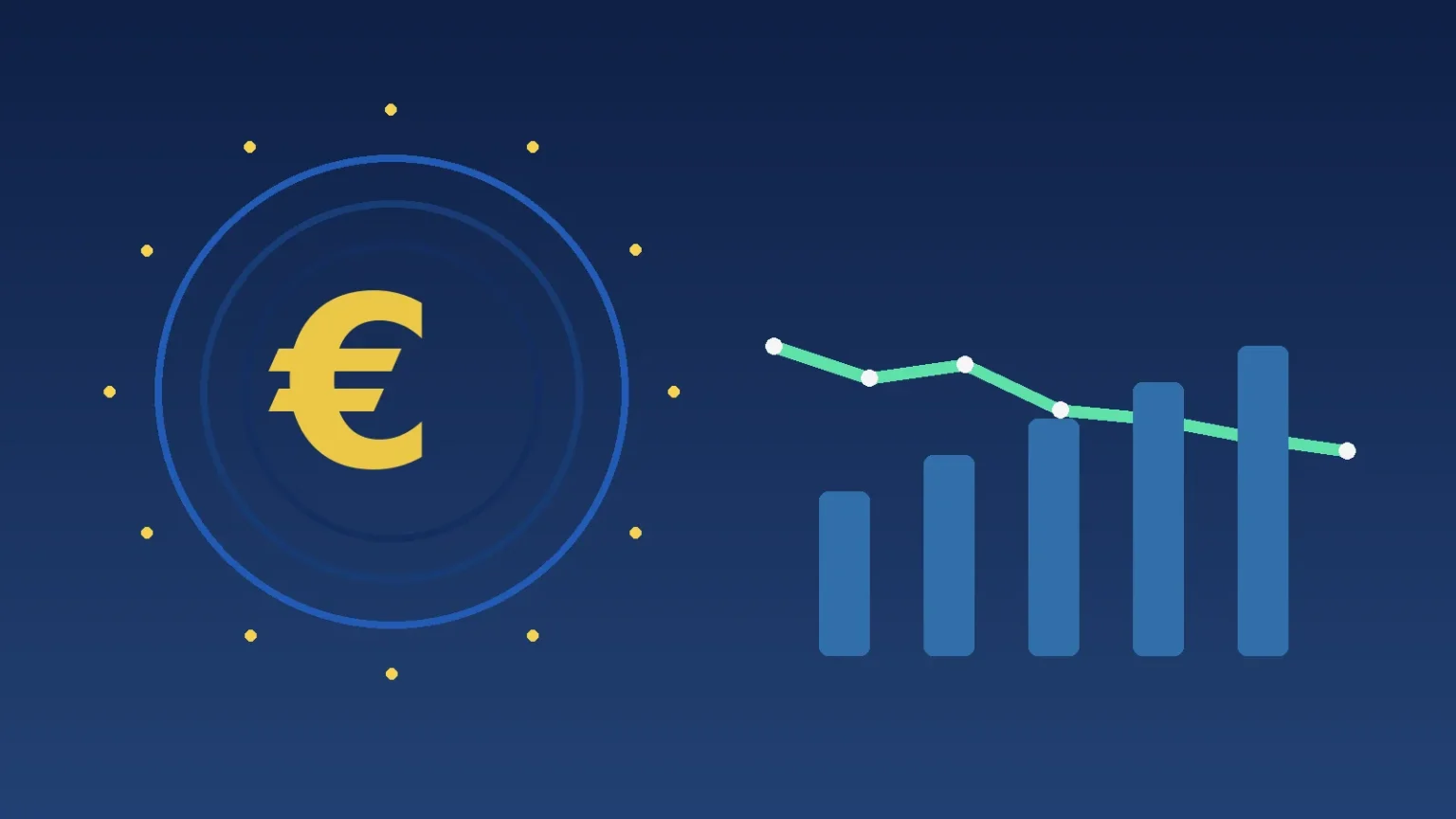 Euro Bölgesi enflasyon beklentilerindeki gerilemeyi temsil eden euro ve düşen enflasyon grafiği