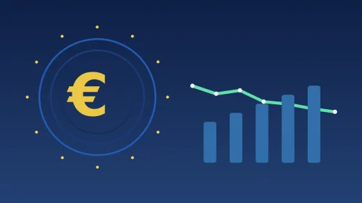 Euro Bölgesi enflasyon beklentilerindeki gerilemeyi temsil eden euro ve düşen enflasyon grafiği