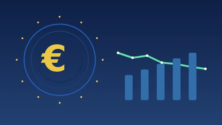 Euro Bölgesi enflasyon beklentilerindeki gerilemeyi temsil eden euro ve düşen enflasyon grafiği
