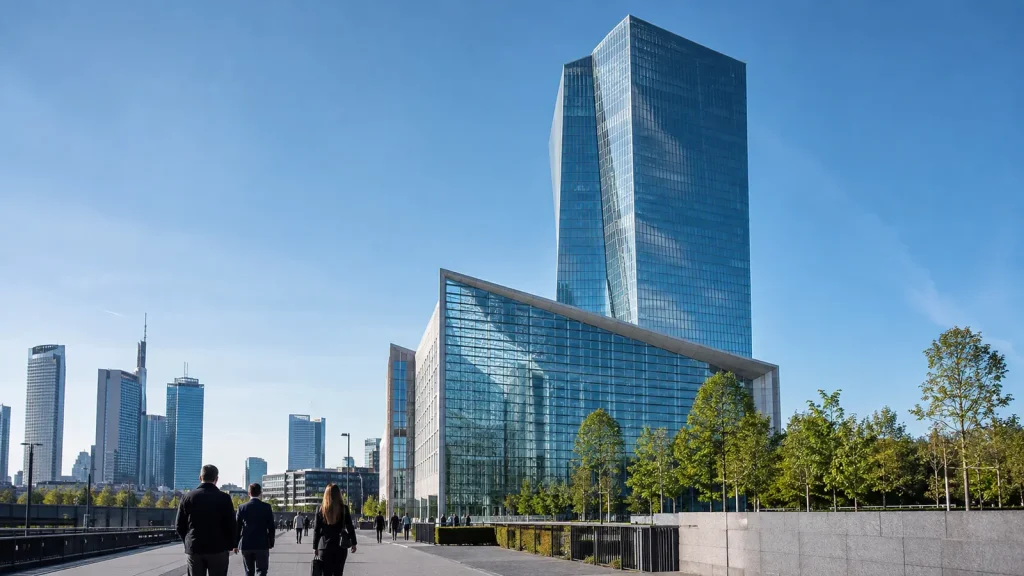 Frankfurt’taki modern banka binaları önünde yürüyen insanlar