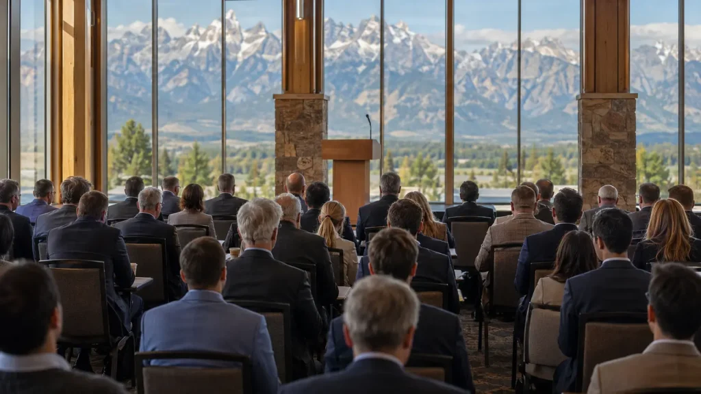 Jackson Hole toplantı salonunda konuşma kürsüsü ve sıralarda oturan merkez bankası yetkilileri