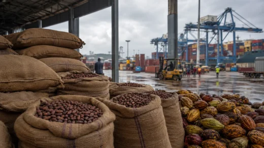 Kakao çekirdeği dolu çuvalların arkasında konteyner vinçlerinin çalıştığı yağmurlu liman sahası