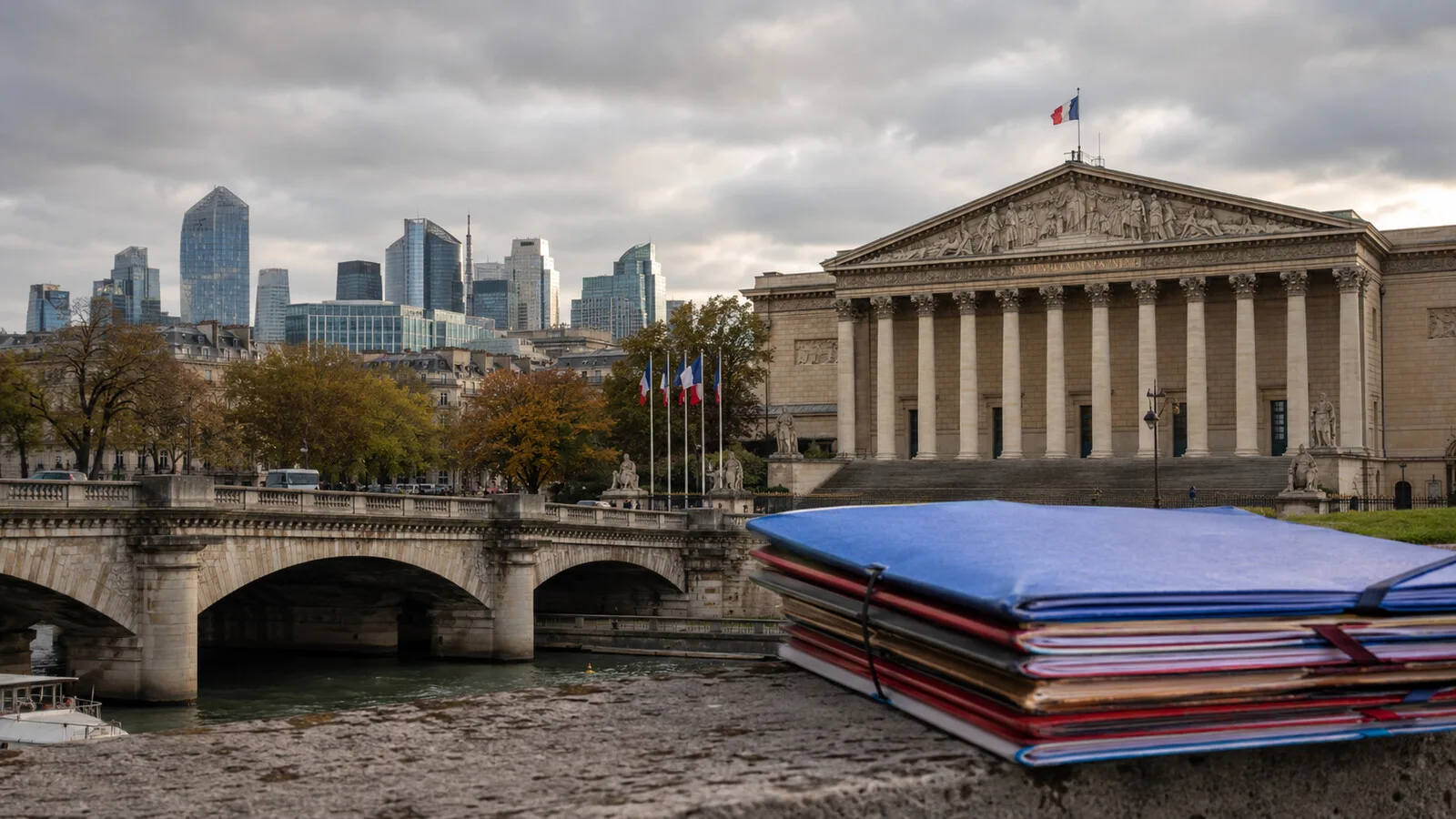 Paris'te Fransız parlamento binası, uzakta finans bölgesi ve önde renkli bütçe dosyaları