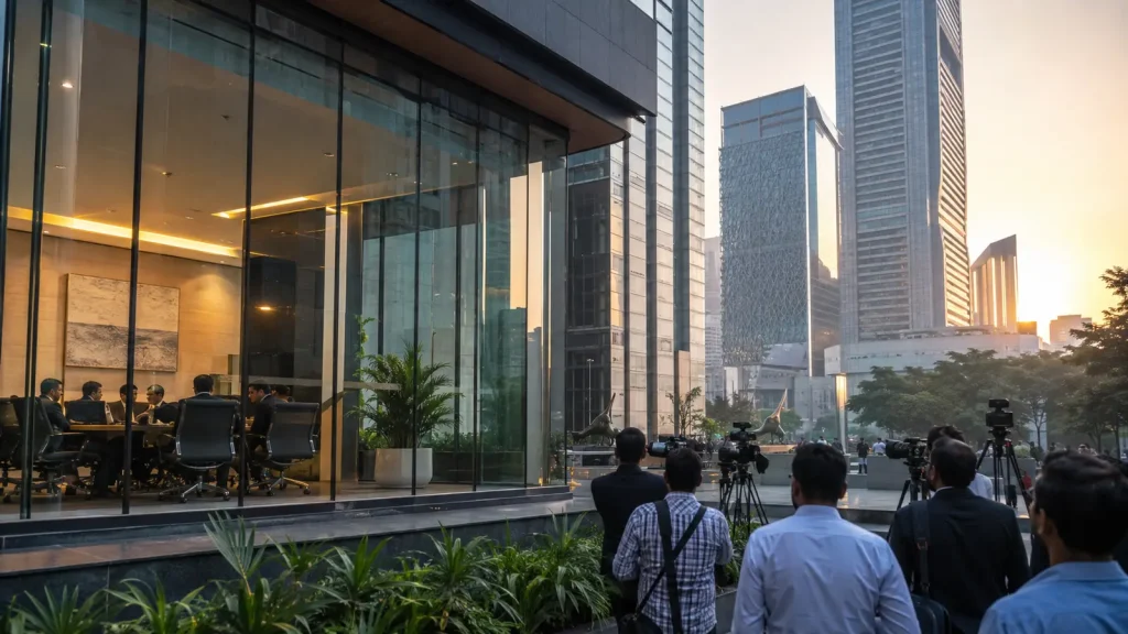 Mumbai finans bölgesinde modern ofis binası önünde ilk işlem gününü izleyen medya ekipleri