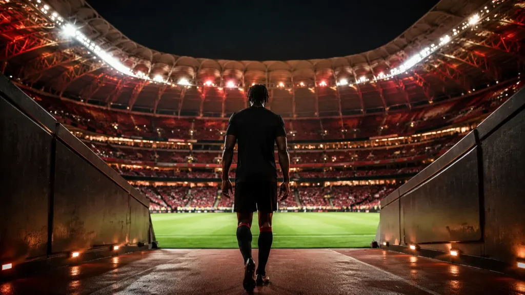 Gece ışıkları altındaki futbol stadyumunda sahaya doğru yürüyen yüzü görünmeyen futbolcu