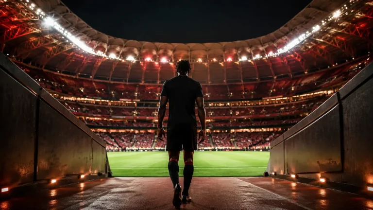 Gece ışıkları altındaki futbol stadyumunda sahaya doğru yürüyen yüzü görünmeyen futbolcu