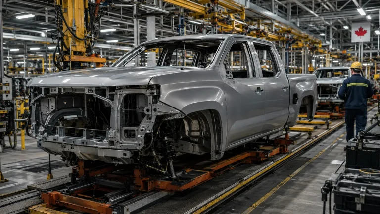 Kanada’daki otomotiv fabrikasında üretim hattında montajı süren ağır hizmet tipi pikap