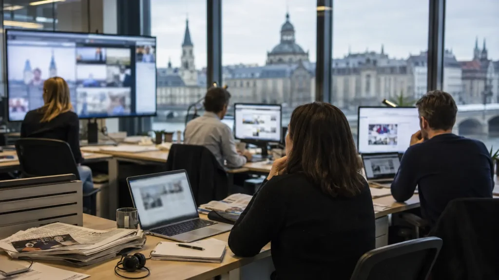 Avrupa kentindeki modern ofis ortamında arama sonuçlarını inceleyen dijital yayın çalışanları