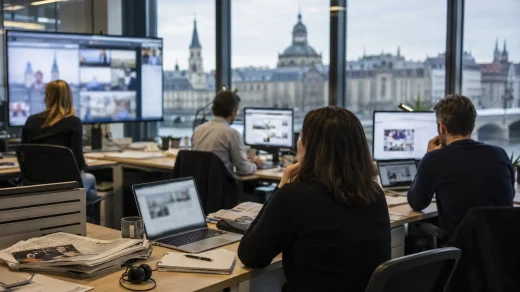 Avrupa kentindeki modern ofis ortamında arama sonuçlarını inceleyen dijital yayın çalışanları