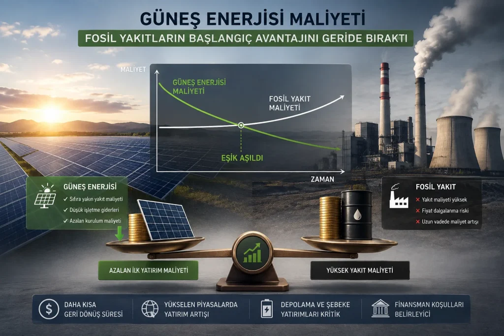 Güneş panelleri ile fosil yakıt santralinin maliyet karşılaştırmasını gösteren temsili görsel