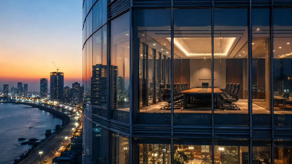 Mumbai’de modern bir banka binasının üst katındaki boş yönetim kurulu salonu