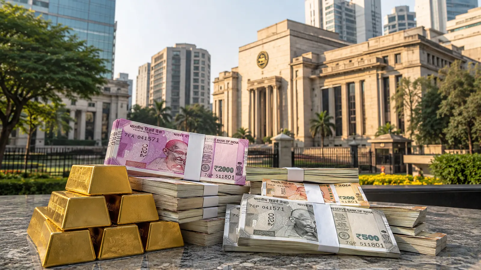 Hindistan Merkez Bankası binası önünde rupi banknotları ve altın külçeleri