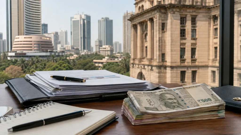 Mumbai finans bölgesindeki taş borsa binası önünde Hint rupisi banknotları