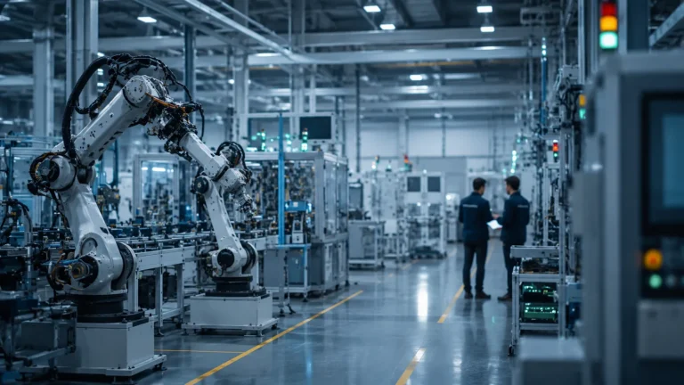 Endüstriyel otomasyon tesisinde robotik üretim hattı ve uzakta iki çalışan