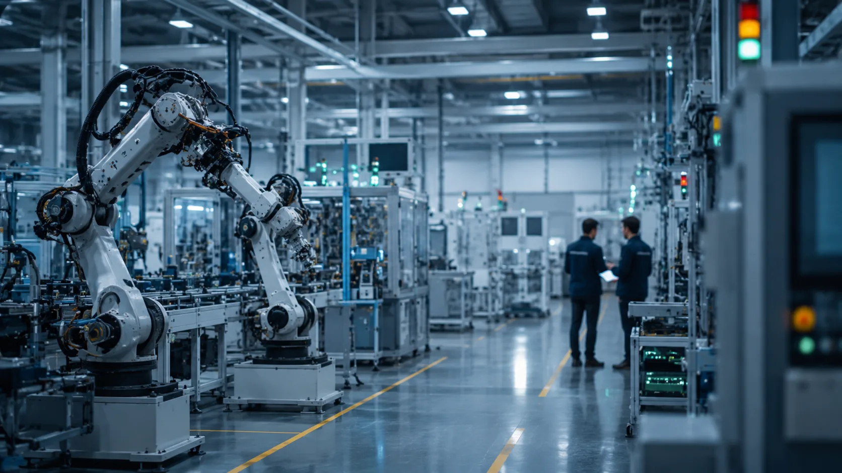 Endüstriyel otomasyon tesisinde robotik üretim hattı ve uzakta iki çalışan