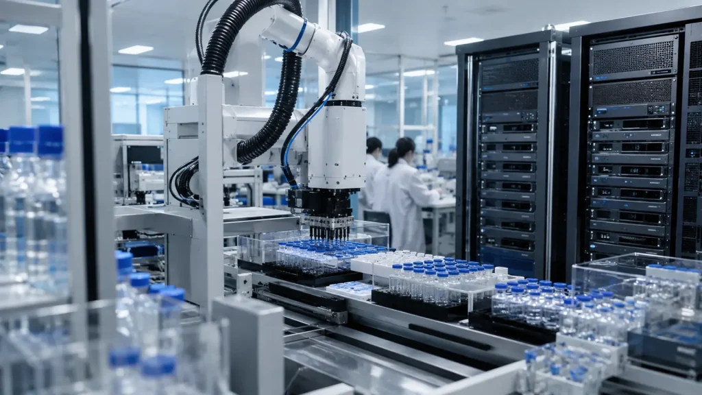 Robotik ilaç tarama sistemi, laboratuvar şişeleri ve yapay zekâ sunucu rafları