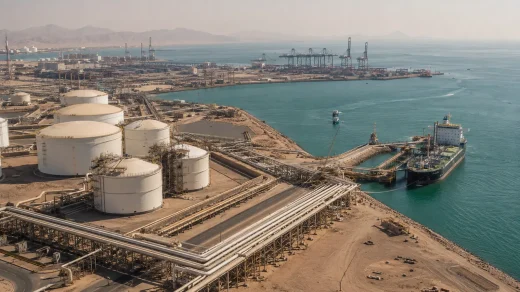 Körfez kıyısında petrol depolama tankları, boru hatları, liman vinçleri ve yük gemileri