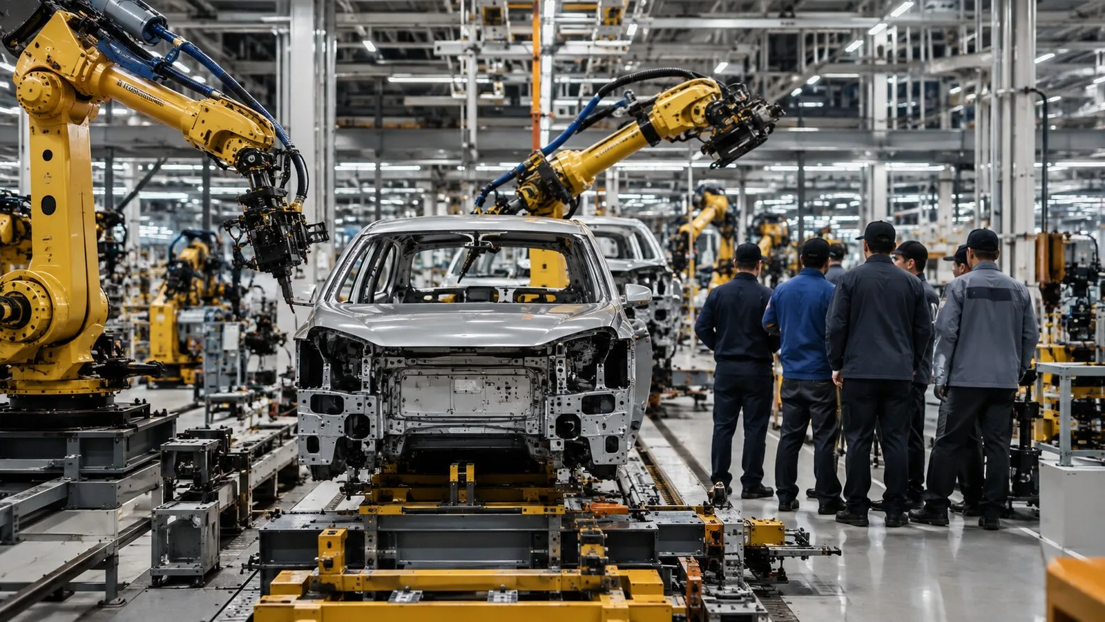 Otomobil fabrikasında robotik kollar, üretim hattındaki araç gövdesi ve arkadan görülen çalışanlar