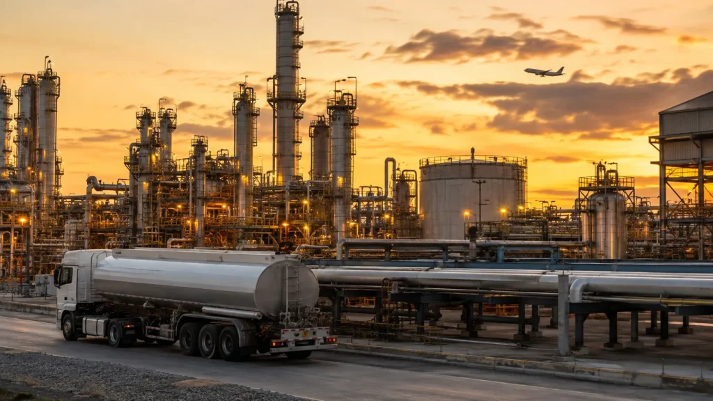 Gün batımında petrol rafinerisi, yakıt tankeri ve arka planda yolcu uçağı