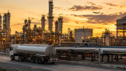 Gün batımında petrol rafinerisi, yakıt tankeri ve arka planda yolcu uçağı