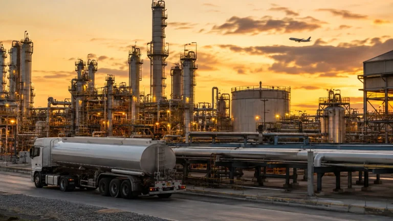 Gün batımında petrol rafinerisi, yakıt tankeri ve arka planda yolcu uçağı