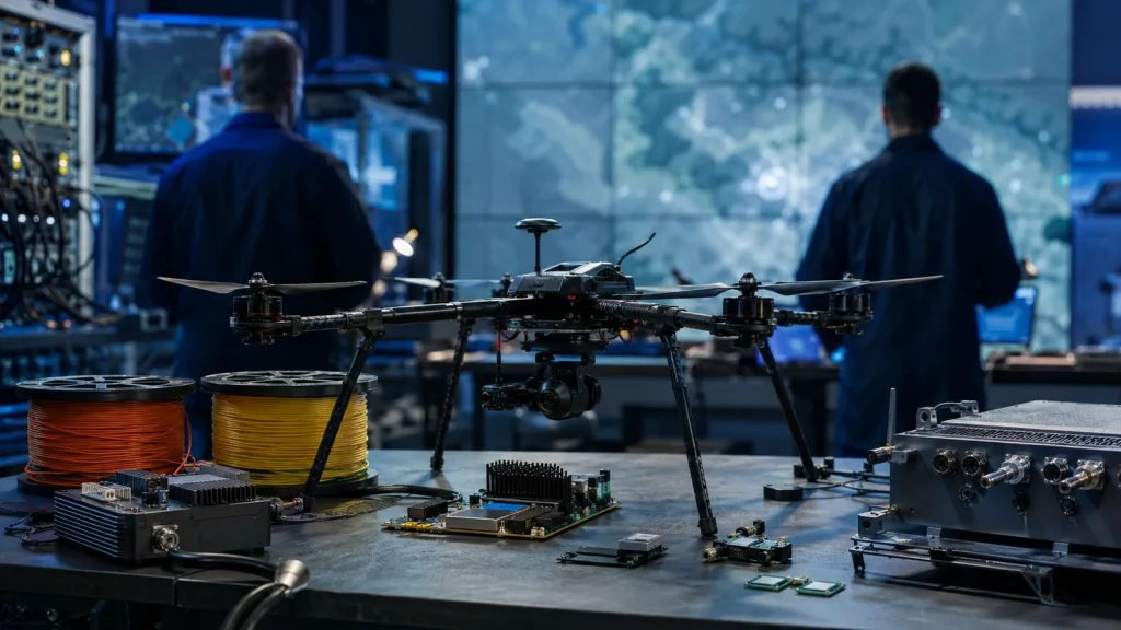 Savunma teknolojisi laboratuvarında drone, sensör kabloları, çip kartları ve arkadan görülen iki mühendis
