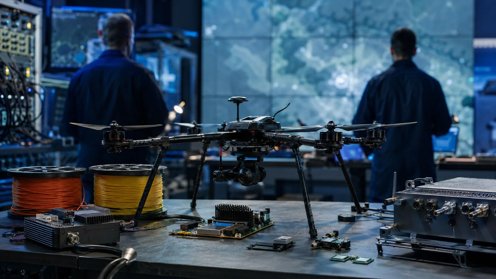 Savunma teknolojisi laboratuvarında drone, sensör kabloları, çip kartları ve arkadan görülen iki mühendis
